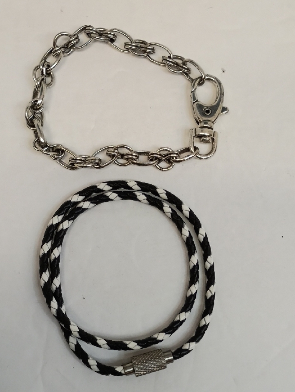 Braided Cord Black White Bracelet Set Magnetic Clasp Chain Link Silver Tone